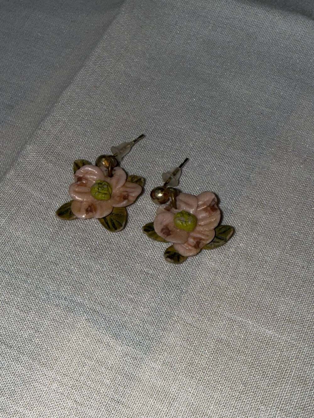 Vintage Hand Painted  Dogwood Flower Post Earrings Pink and Green